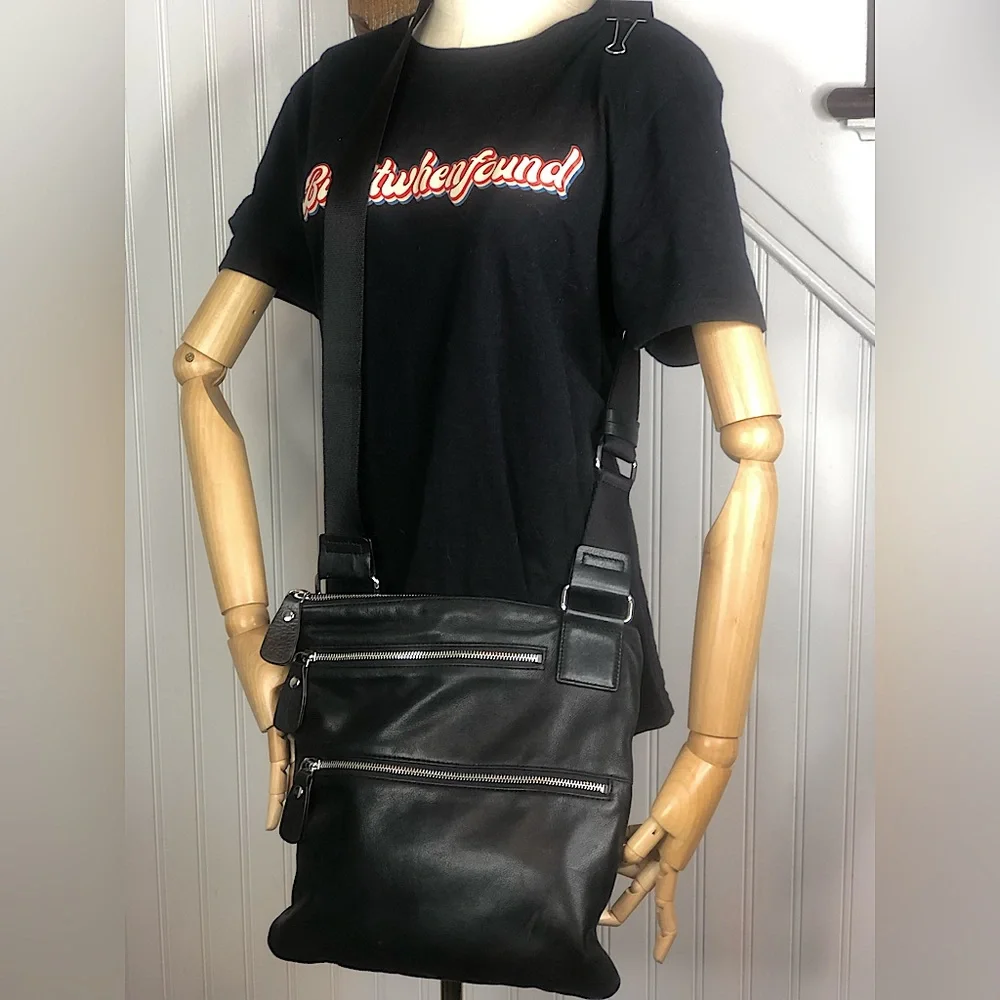 MARGOT Black Leather Messenger Bag 2 Ext. Front Zipper Pockets Top Zip Closure